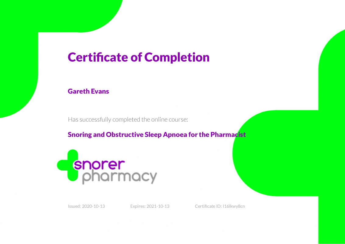 Snorer pharmacy certificate - snoring & sleep apnoea screening